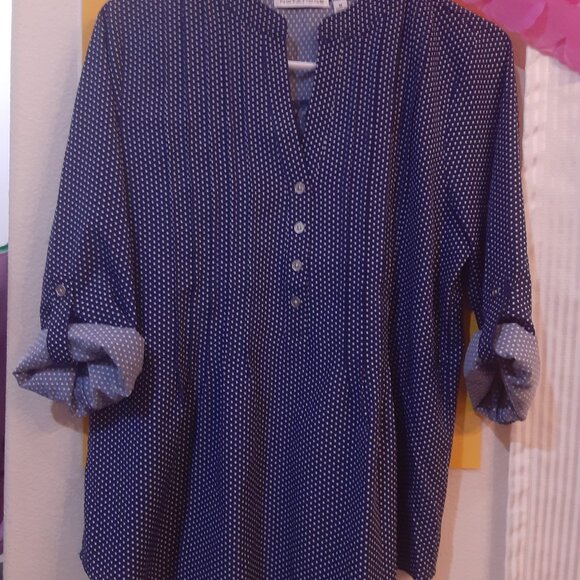 Notations Women's Blue White Polka Dot Roll-Tab Sleeve Collared Blouse Top - Picture 1 of 3